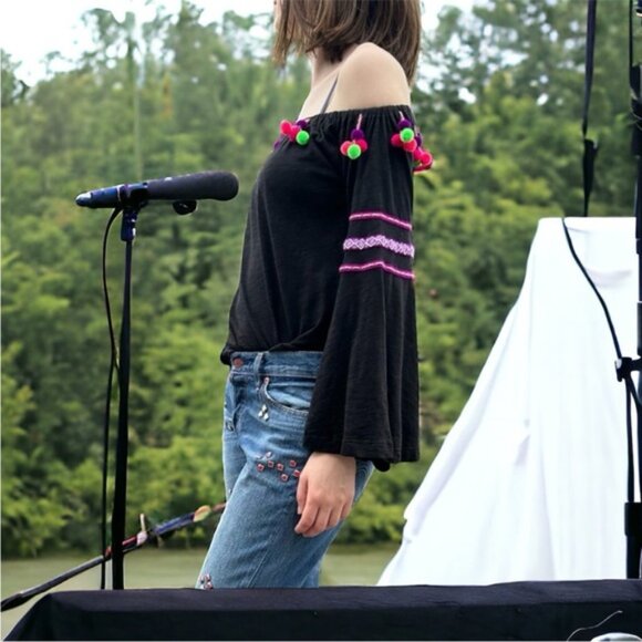 Pitusa Stretch Cotton OTS Peasant Blouse with Dingle Balls - Picture 8 of 15